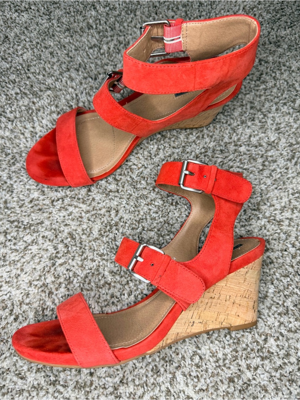 Womens Tahari Fiona Coral Orange/Red Suede Buckle Strap Cork Wedge Heel Sandal 9